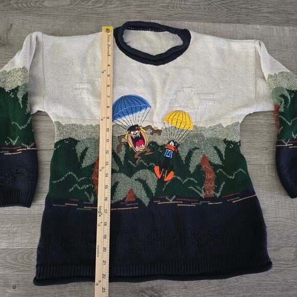 VTG 90s St Michael Looney Tunes Novelty Sweater Taz & Daffy Parachute Sz S Rare - Picture 5 of 8